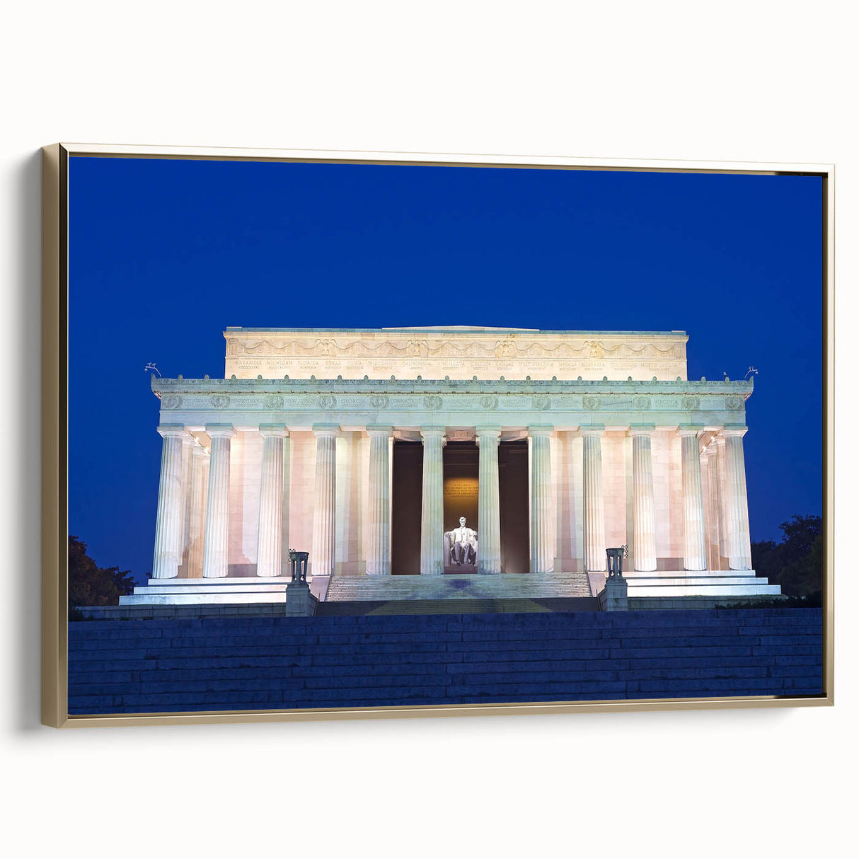 Framed canvas featuring a black and white vintage poster of the Lincoln Memorial in Washington DC.