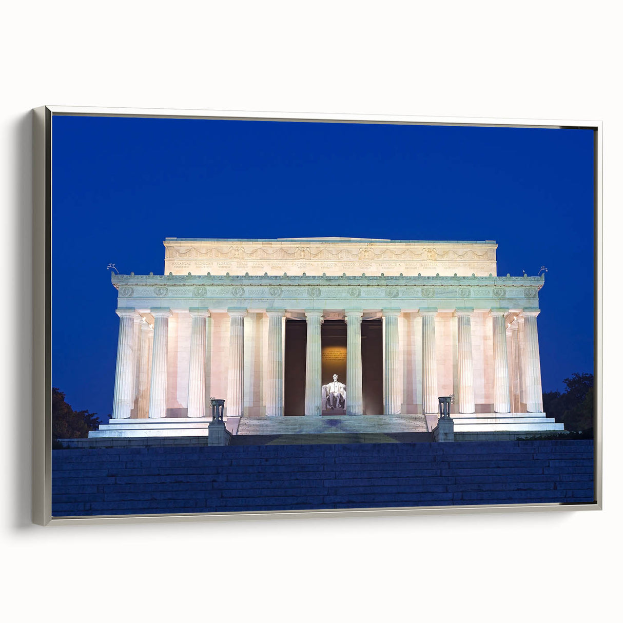 Framed canvas featuring a vintage-style landscape painting of the Washington DC Lincoln Memorial in muted gray and black…