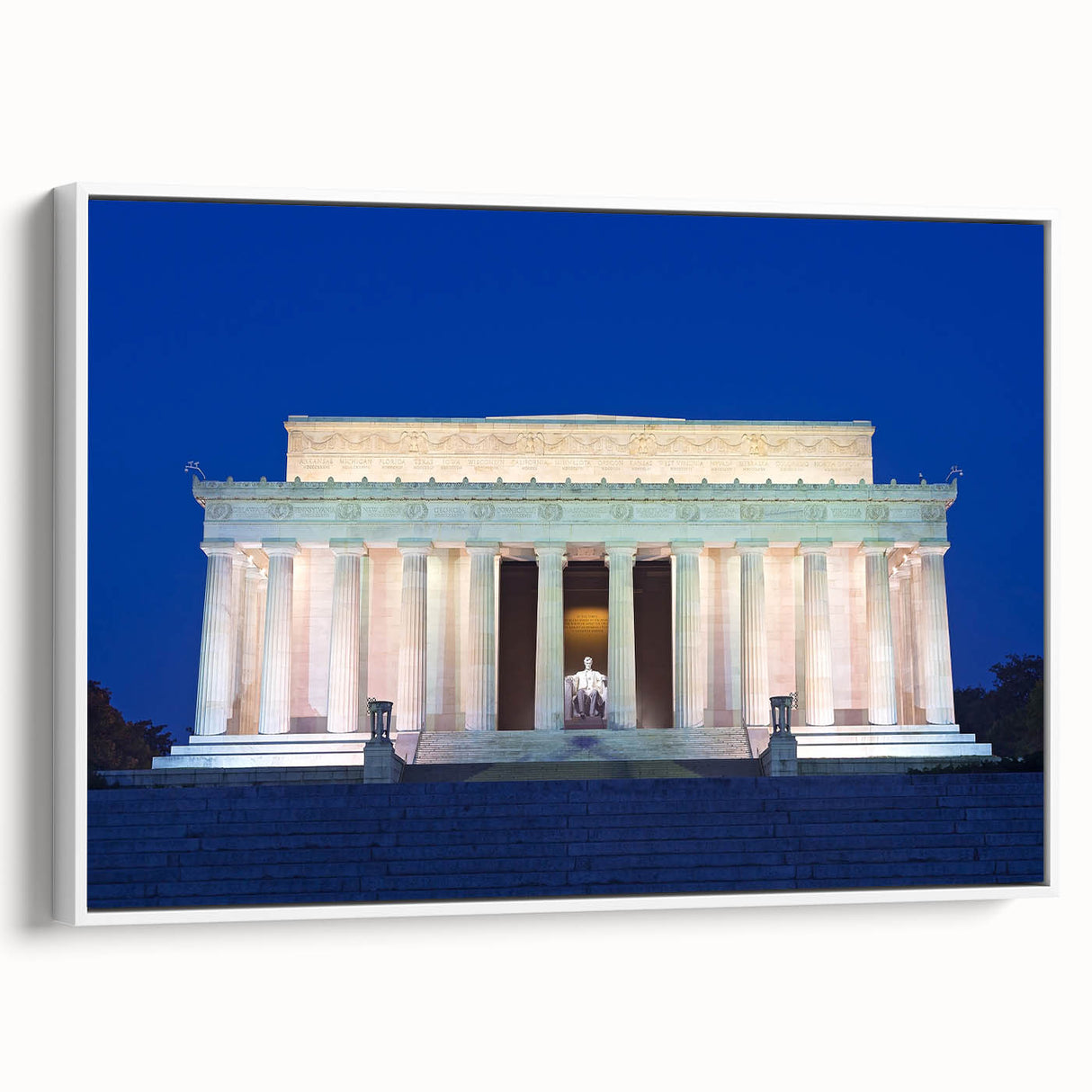 Vintage poster art of the Lincoln Memorial, featuring a monochrome palette on framed canvas, suitable for living room decor.