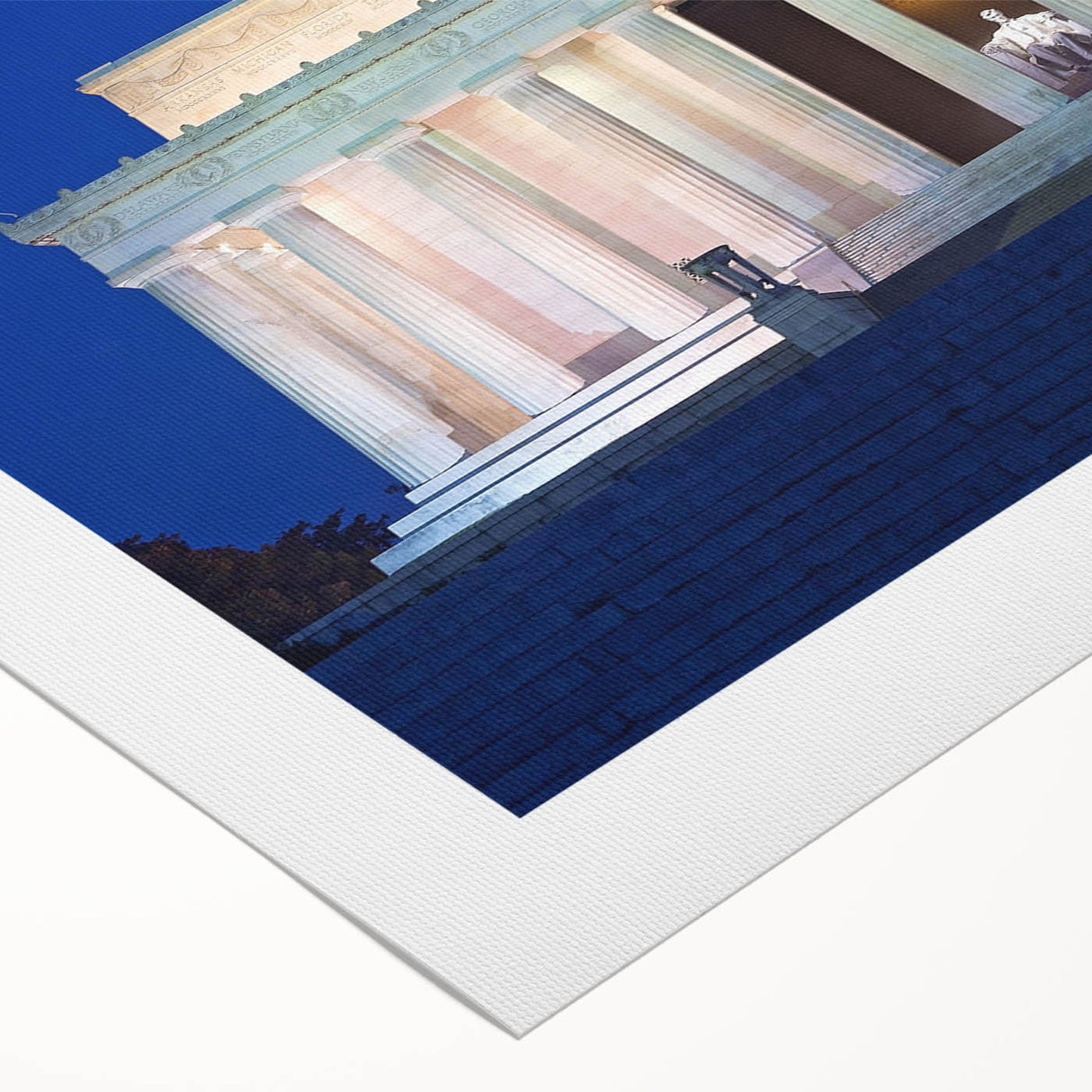 Art deco poster of the Lincoln Memorial in muted sepia tones on rolled canvas, suitable for dining room or bathroom wall art.