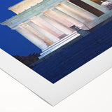 Art deco poster of the Lincoln Memorial in muted sepia tones on rolled canvas, suitable for dining room or bathroom wall art.