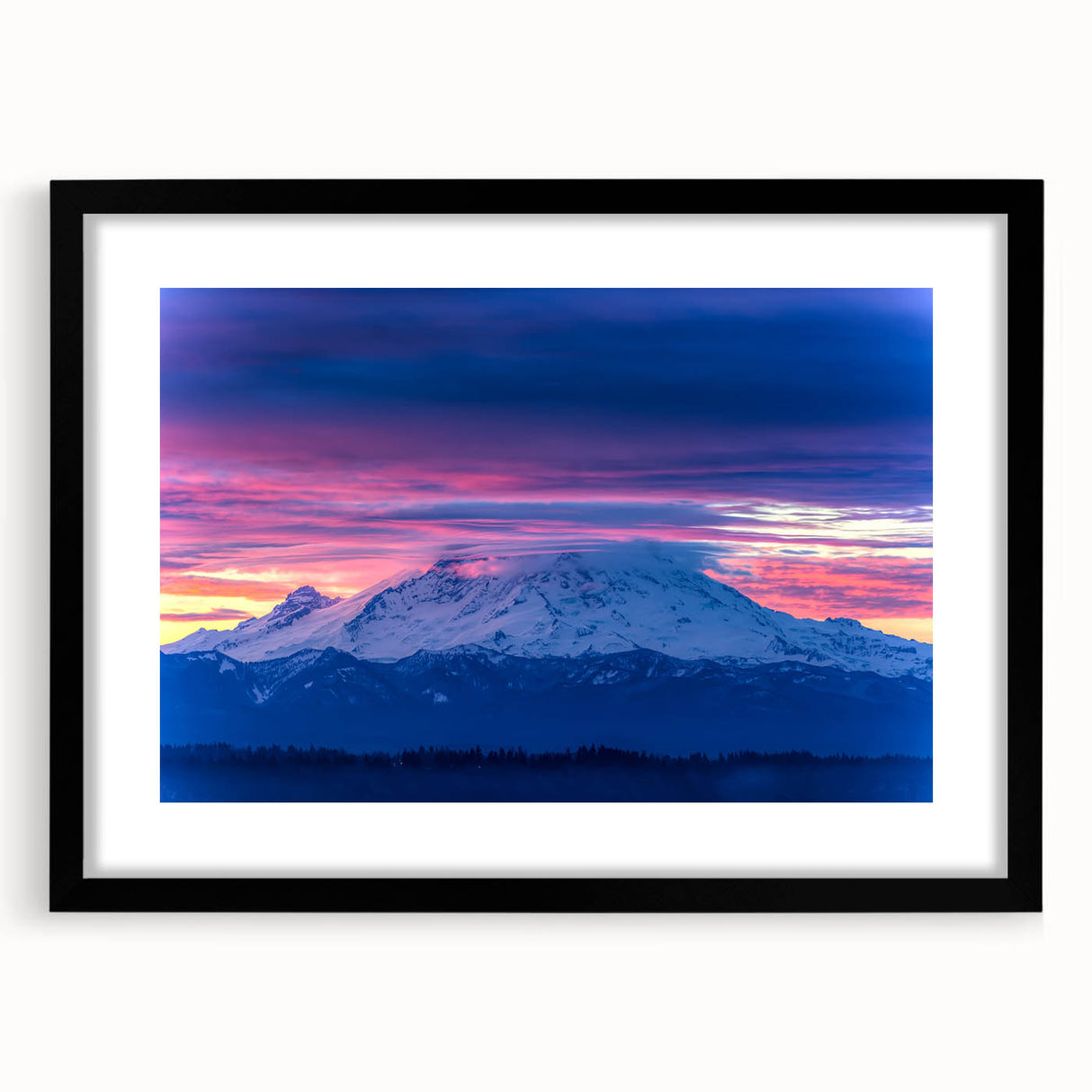 Extra large abstract art print of Mount Rainier with vibrant colors on a black framed canvas, ideal for living room decor.