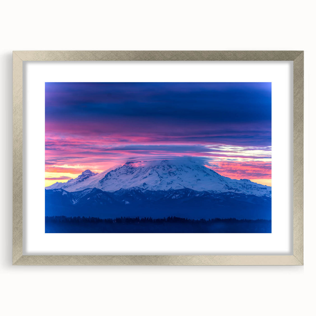 Textured art print of Mount Rainier in muted earth tones on a framed canvas, suitable for bedroom wall decor.