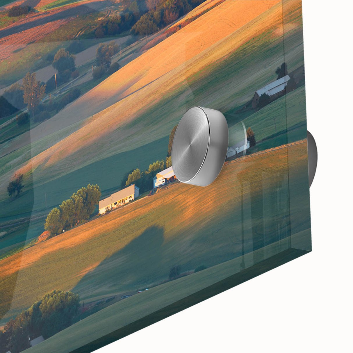 Large abstract wall art depicting the Palouse hills in muted green and brown tones on acrylic glass.