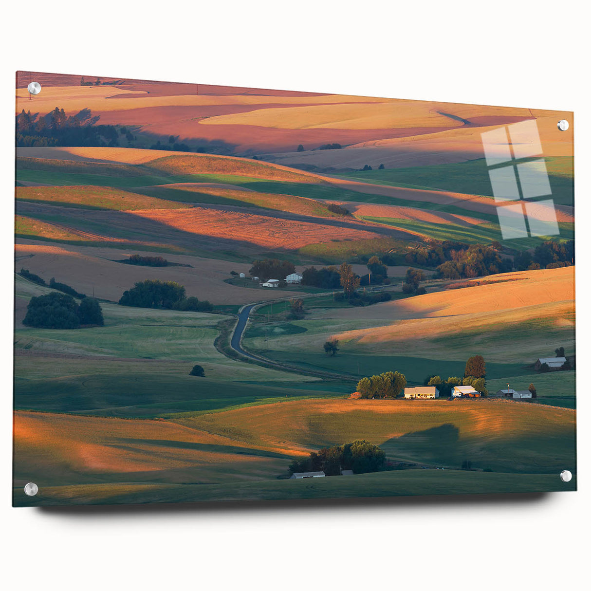 Acrylic print of a large abstract depiction of the Palouse region in earthy green and brown tones.