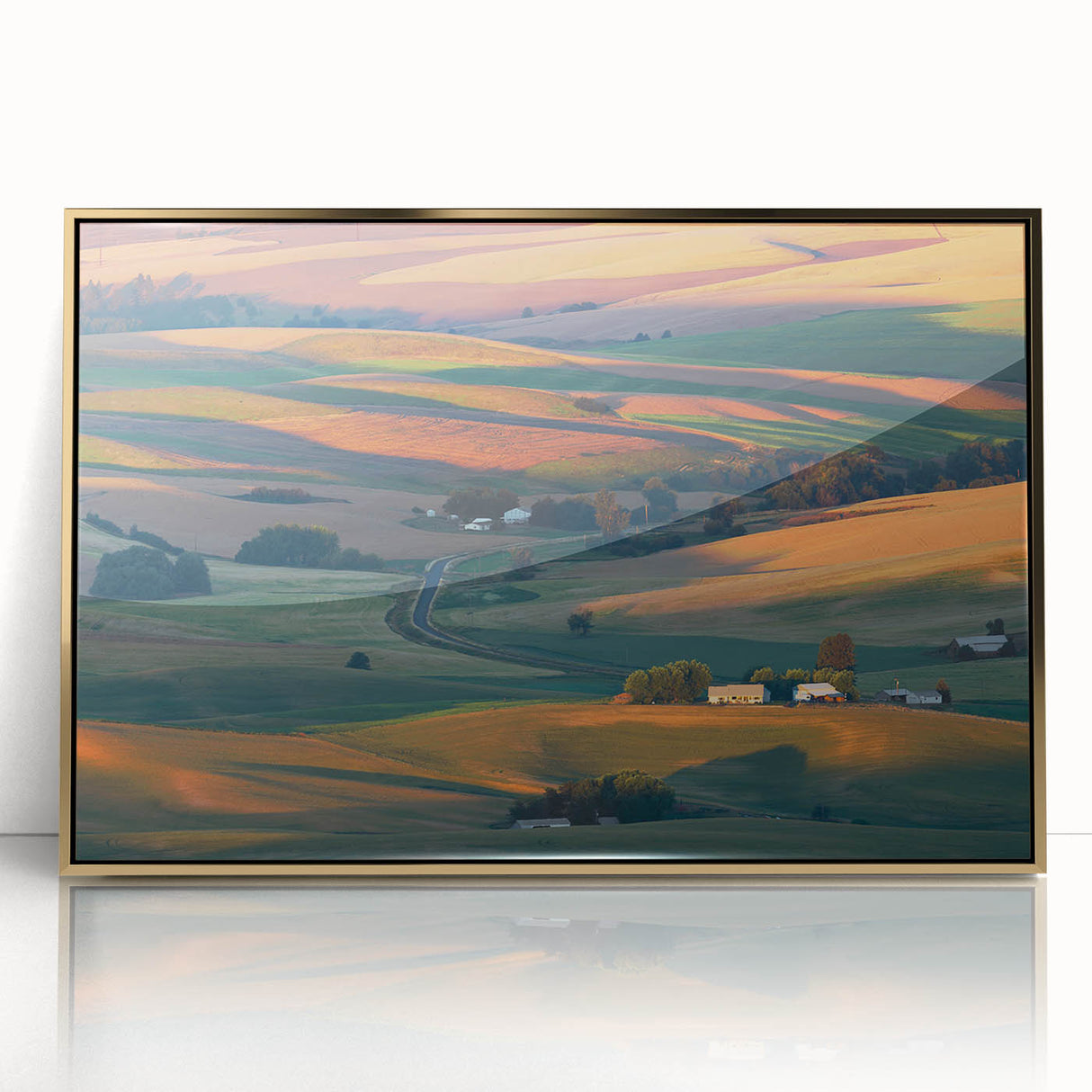 Acrylic print of Palouse, Washington landscape in earthy tones, framed in gold, suitable for modern art wall decor.