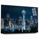 Acrylic print of a large abstract depiction of the Seattle skyline in cool blue and gray tones.