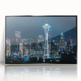 Mid-century modernist art depicting the Seattle skyline in muted gray and blue tones on a framed acrylic print.