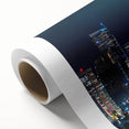 Art deco style Seattle skyline on rolled canvas, featuring muted blue and gray tones, ideal for nursery wall art.