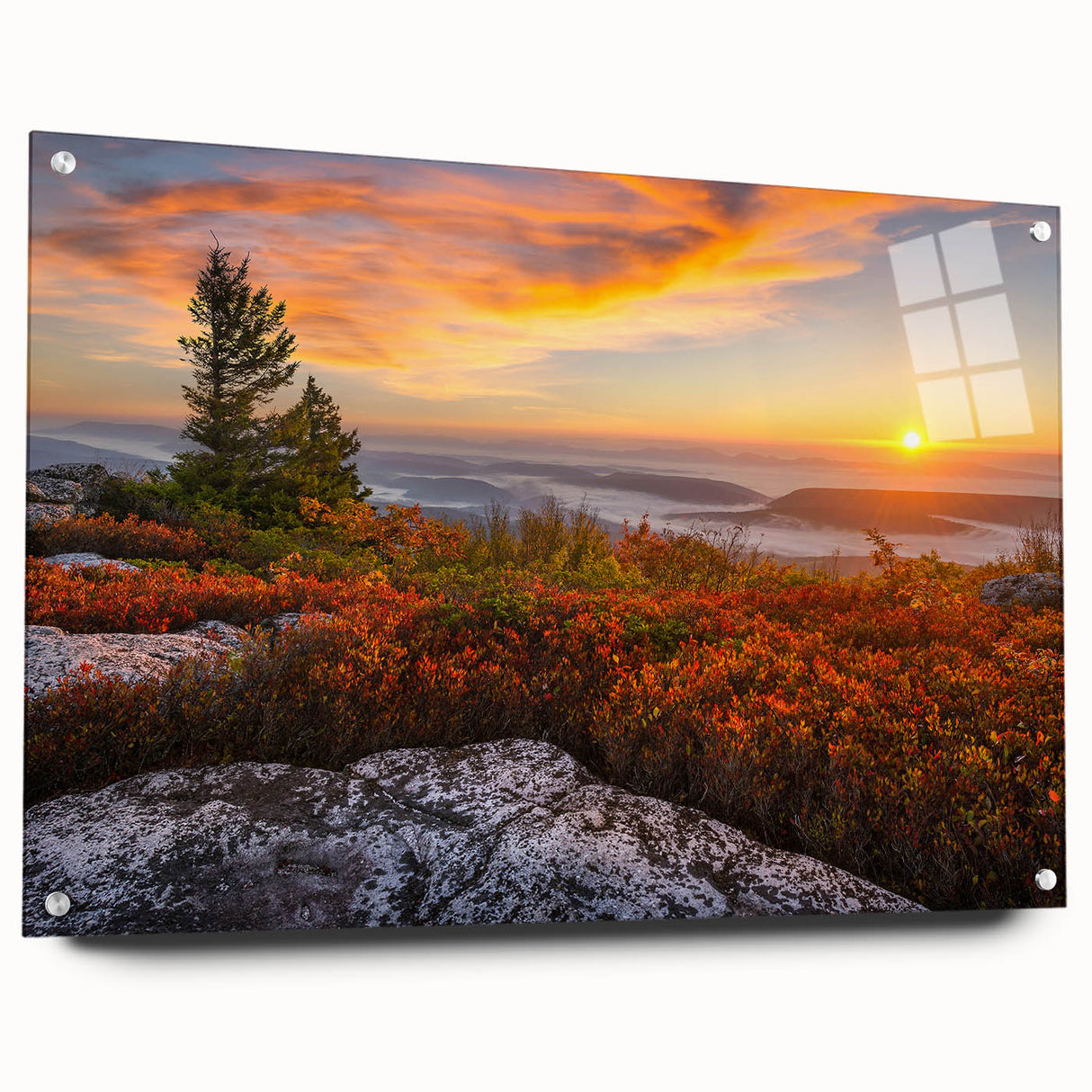 Acrylic print of a West Virginia landscape in soft green and blue tones, suitable for bedroom or dining room decor.