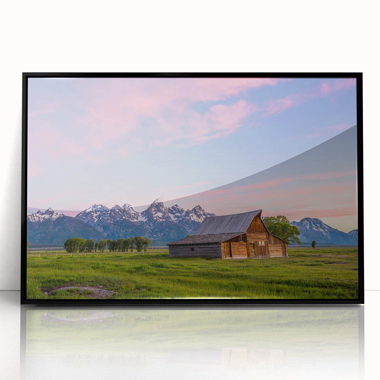 Large abstract wall art of Wyoming's Grand Tetons, framed in black acrylic, featuring muted earth tones.