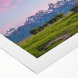 Art deco poster featuring the Grand Tetons in muted earth tones on rolled canvas, suitable for dining room or bathroom decor.