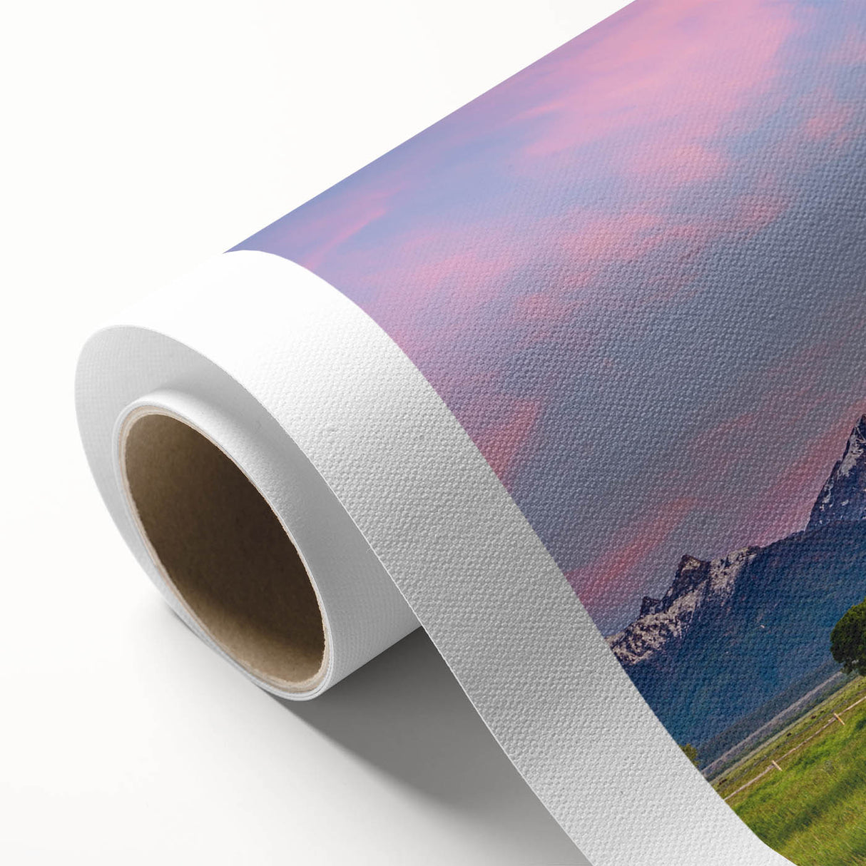 Art deco poster of the Grand Tetons in muted earth tones on rolled canvas.