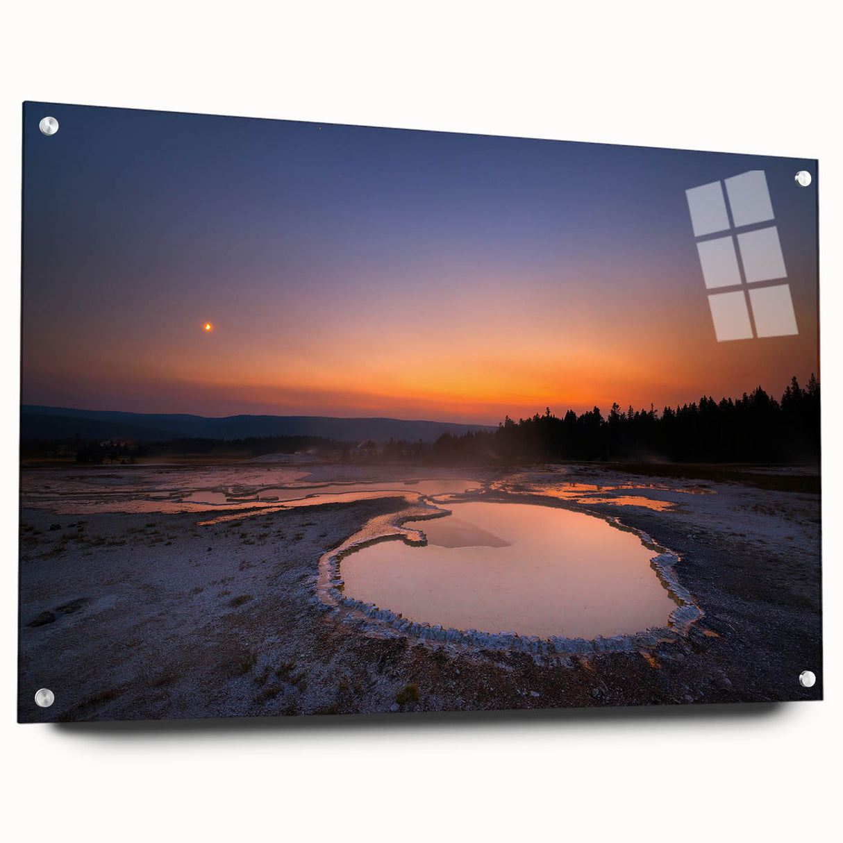 Yellowstone landscape on acrylic glass, featuring vivid green and blue tones, ideal for bedroom or dining room decor.