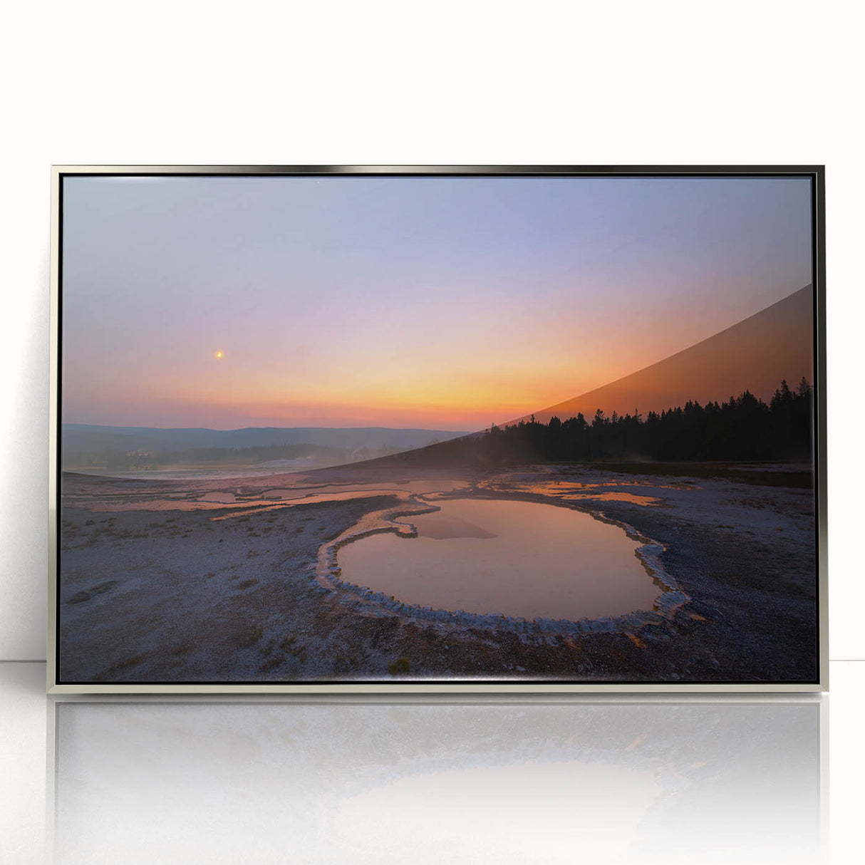Mid-century modernist art depicting Yellowstone scenery in muted earth tones on a silver-framed acrylic print.
