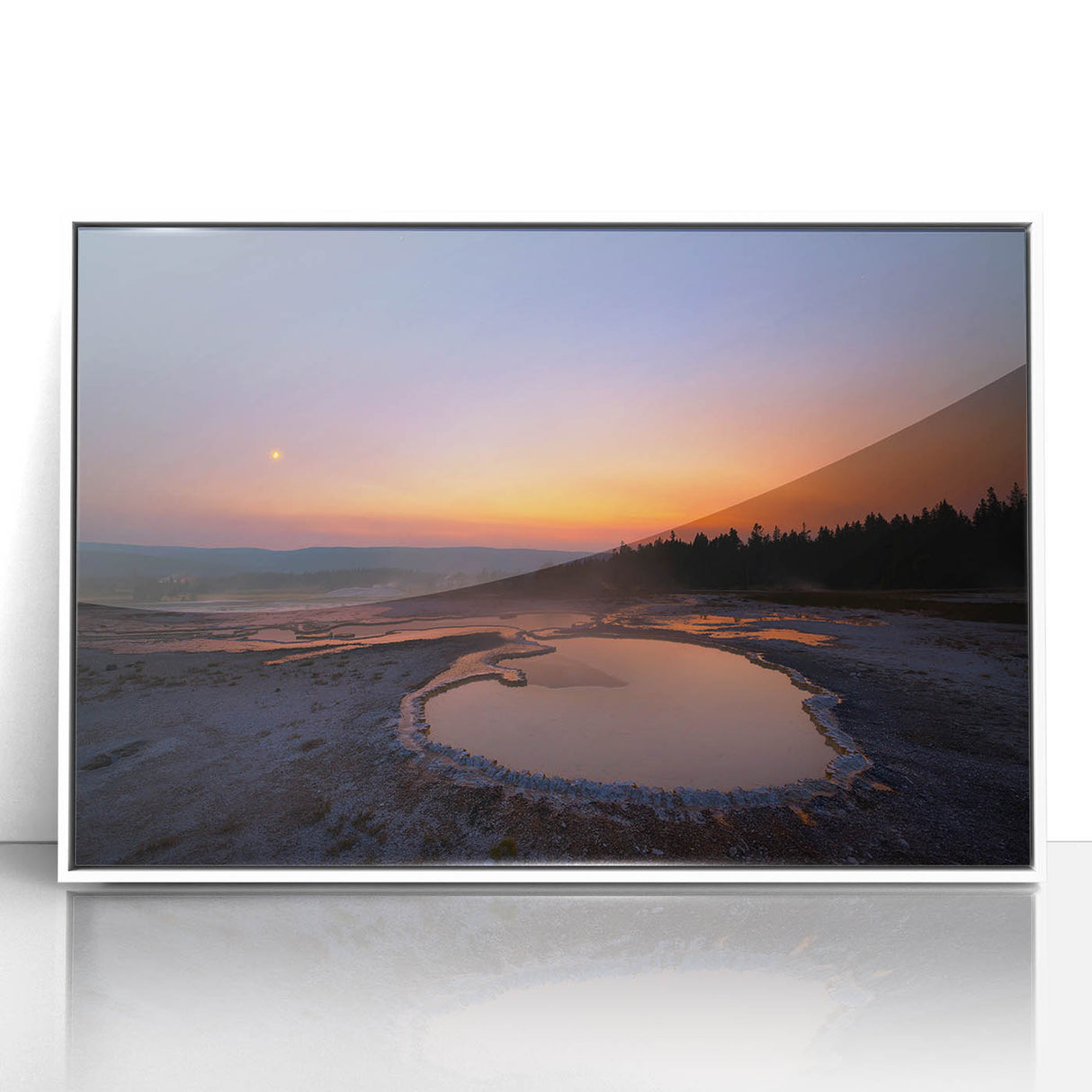 Art deco poster of Yellowstone scenery in muted earth tones on framed acrylic, suitable for modern nursery decor.