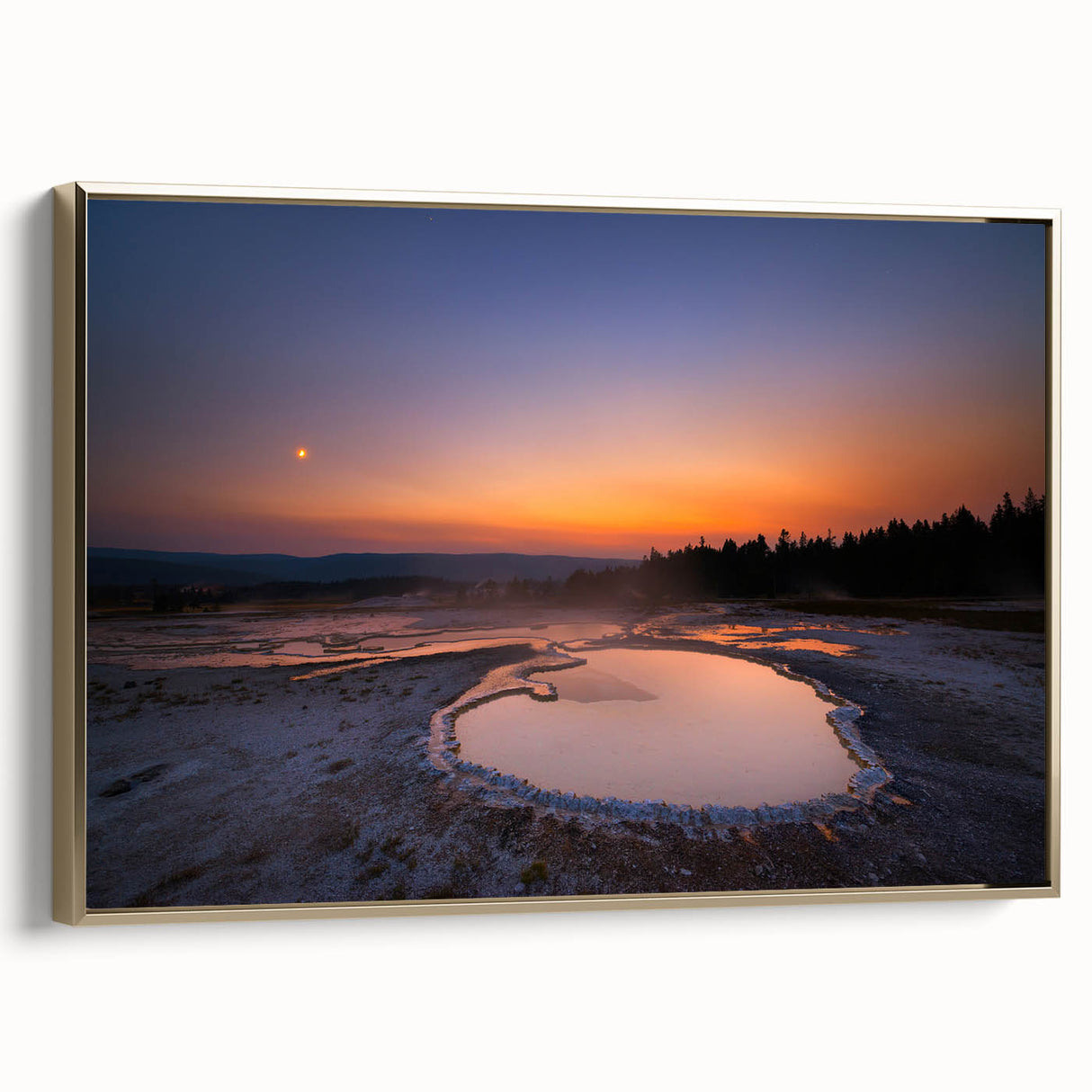 Framed canvas wall art depicting a vintage-style Yellowstone landscape in muted gold and black tones.