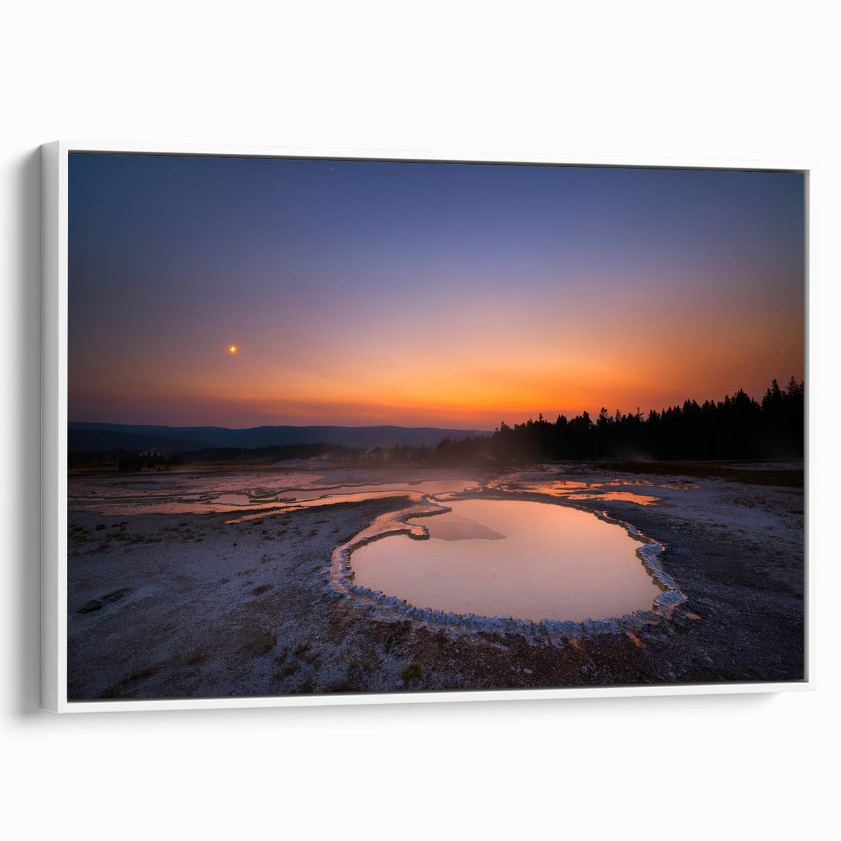 Vintage poster art of Yellowstone scenery on a framed canvas with colorful art, ideal for living room decor.