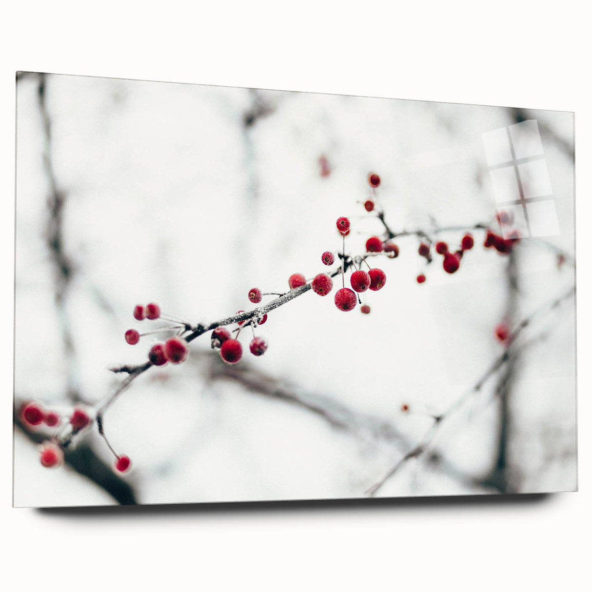 Large abstract wall art depicting a winter scene in muted blue and white tones on acrylic glass.