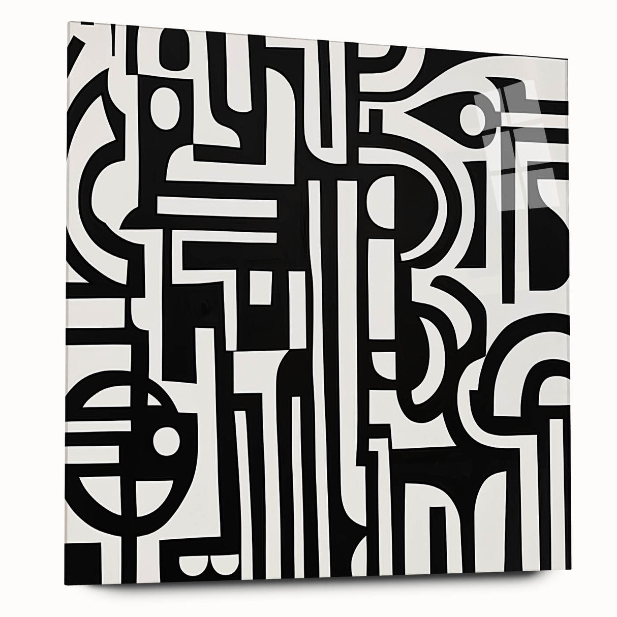 Abstract geometric acrylic glass artwork showcasing vibrant colors and intricate patterns, viewed from the side, ideal for modern interior decor.