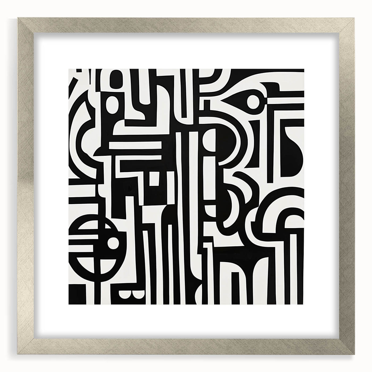 Abstract geometric frame with a silver mat, showcasing a modern design. The front view highlights its sleek lines, perfect for contemporary decor.