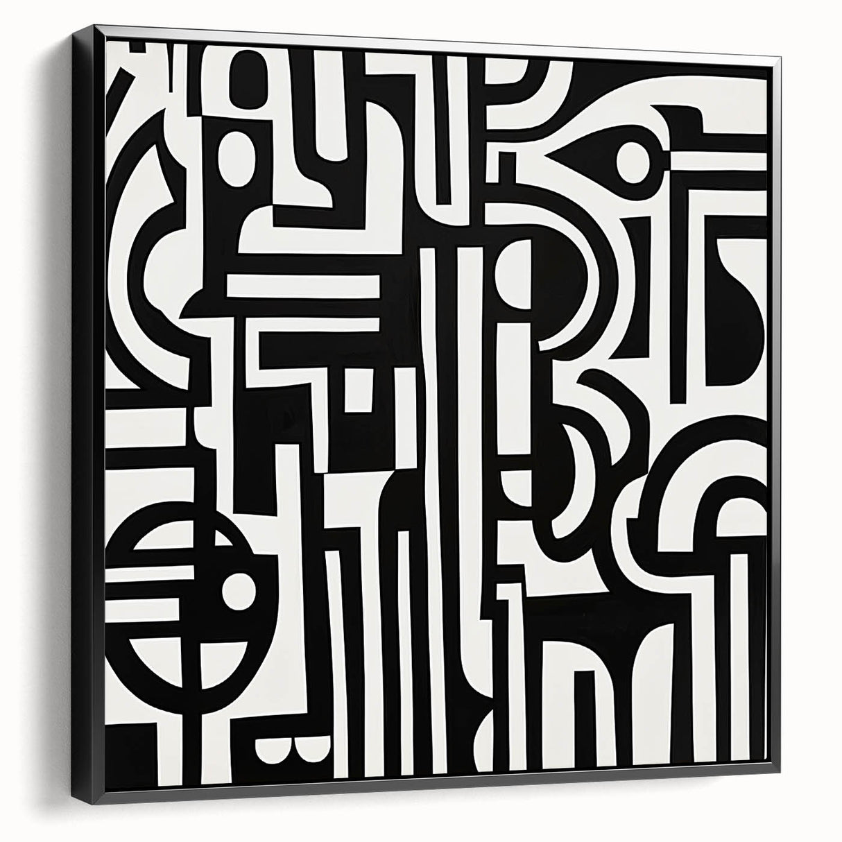 Abstract geometric framed canvas in black, showcasing bold shapes and lines, viewed from the side to highlight its depth and modern aesthetic, ideal for contemporary decor.