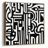 Abstract geometric framed canvas artwork in silver and gold tones, showcasing intricate patterns against a neutral background, perfect for modern home decor.