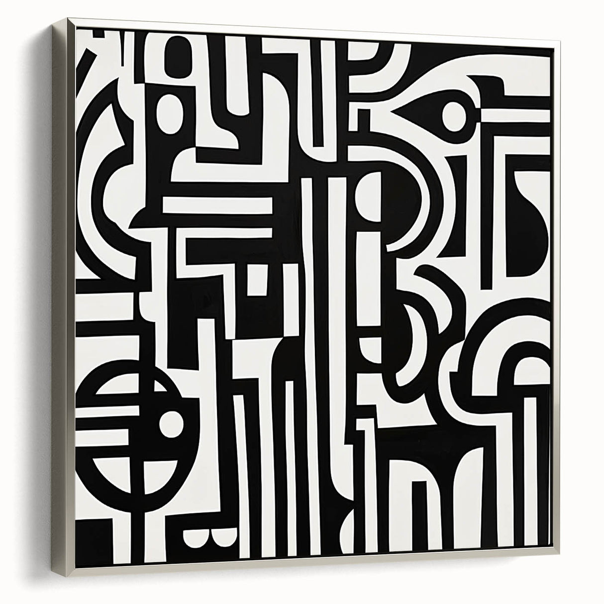 Abstract geometric framed canvas art in silver, showcasing intricate shapes and lines, perfect for modern home decor. Side view highlights the sleek frame and vibrant colors.