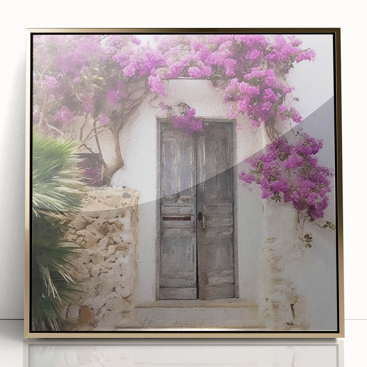 Mid-century modernist acrylic print of a Greek architecture door in gold tones, ideal for modern art wall decor.