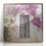 Mid-century modernist acrylic print of a Greek architecture door in gold tones, ideal for modern art wall decor.