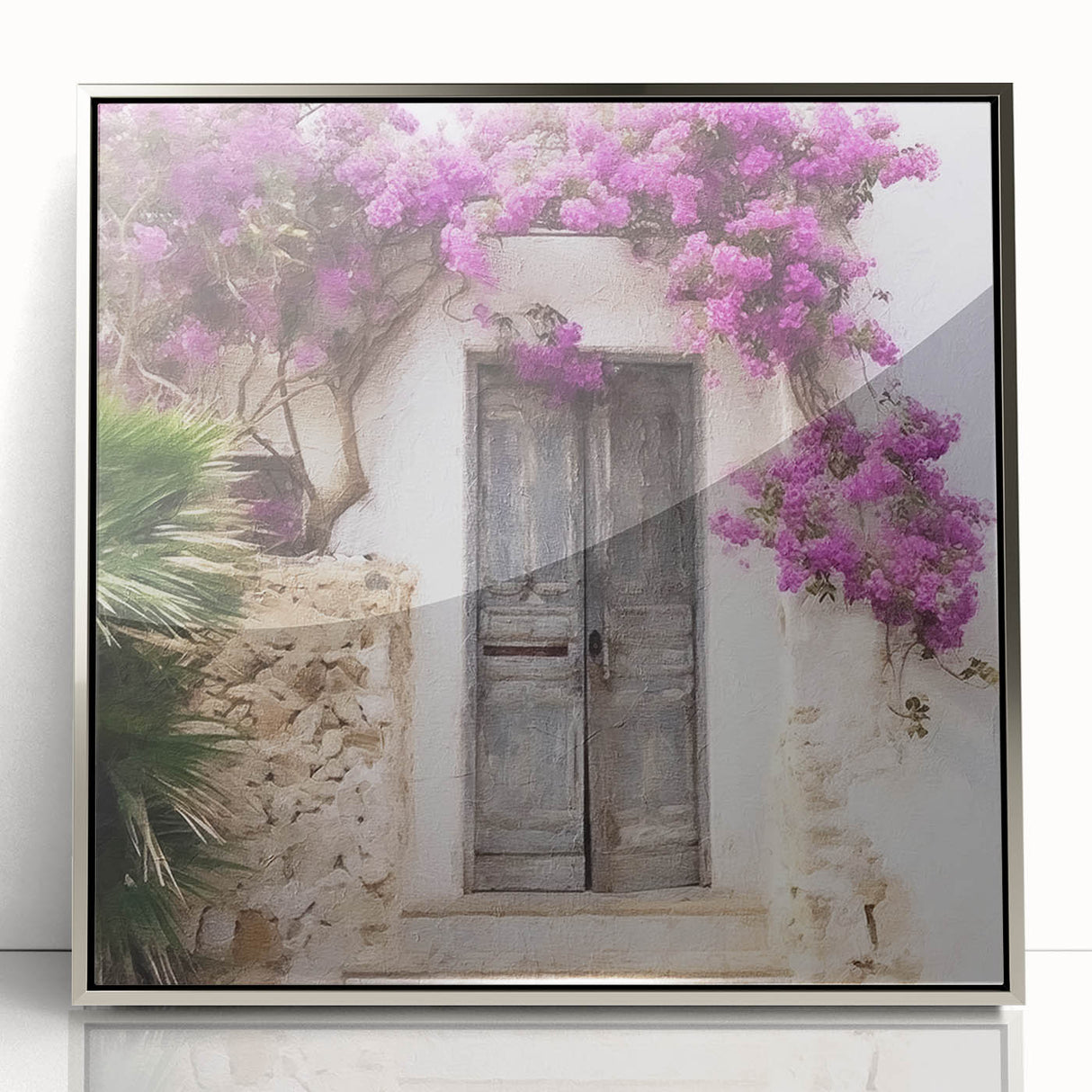 Framed acrylic print of a Greek door, featuring mid-century modernist style in silver and gray tones.