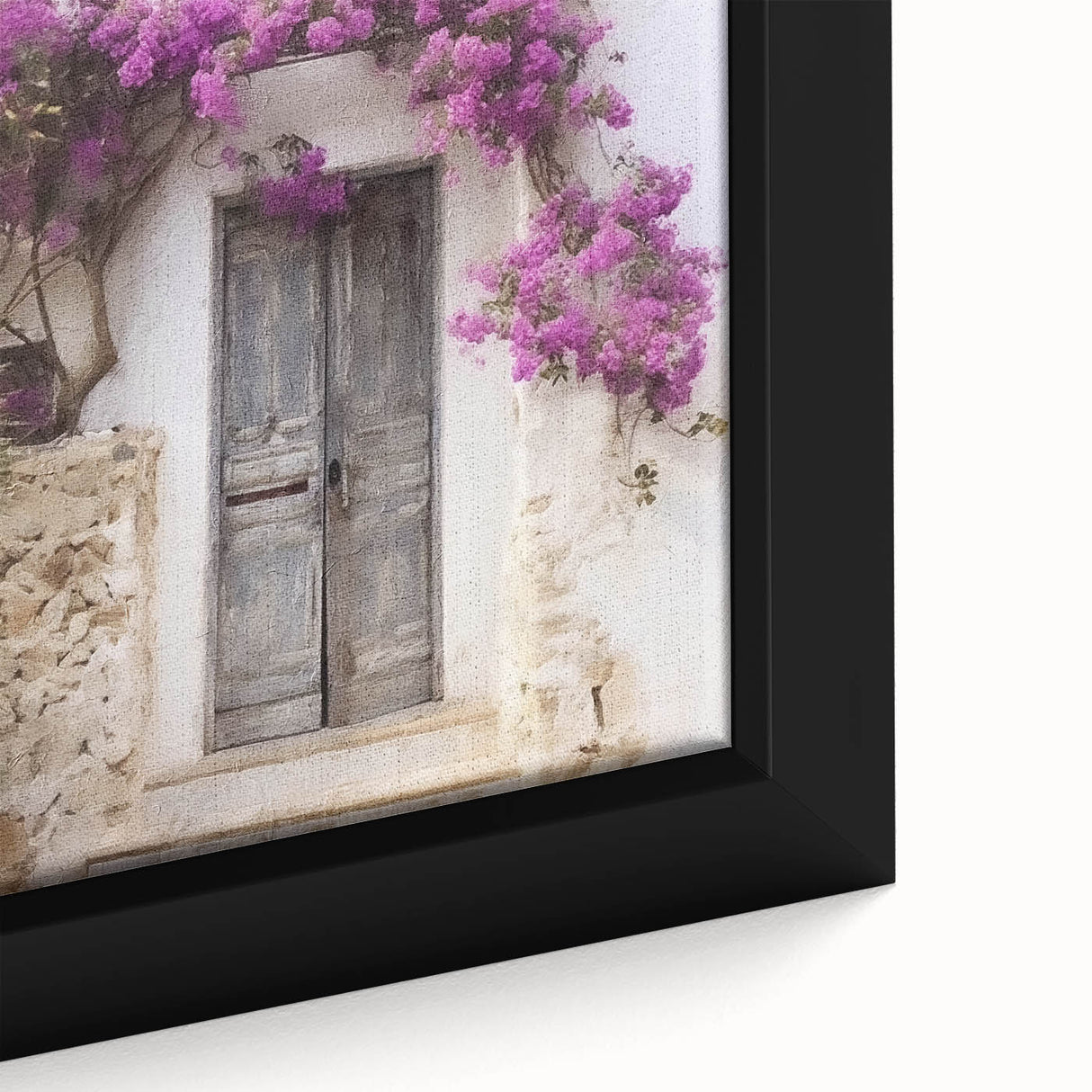 Extra large framed canvas featuring a close-up of a black, textured door with Greek architecture.