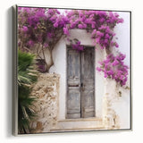 Framed canvas showing a vintage poster art of a Greek door in black with colorful accents.