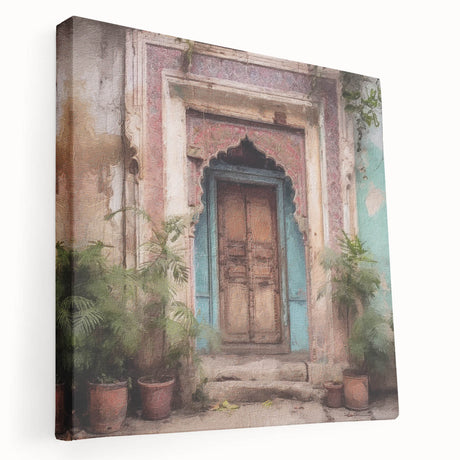 Indian architecture door depicted in a large art stretched canvas with warm earthy tones, ideal for kitchen wall art.