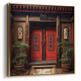Framed canvas featuring a Japanese door design in silver and gold tones, ideal for bedroom wall decor.