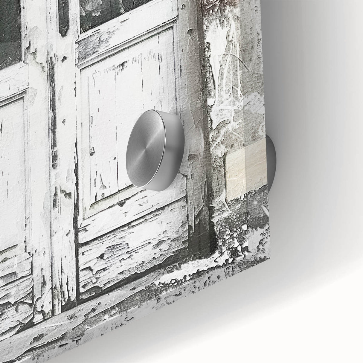 Close-up of a rustic Italian door in muted earth tones on acrylic glass, suitable as dining room art.