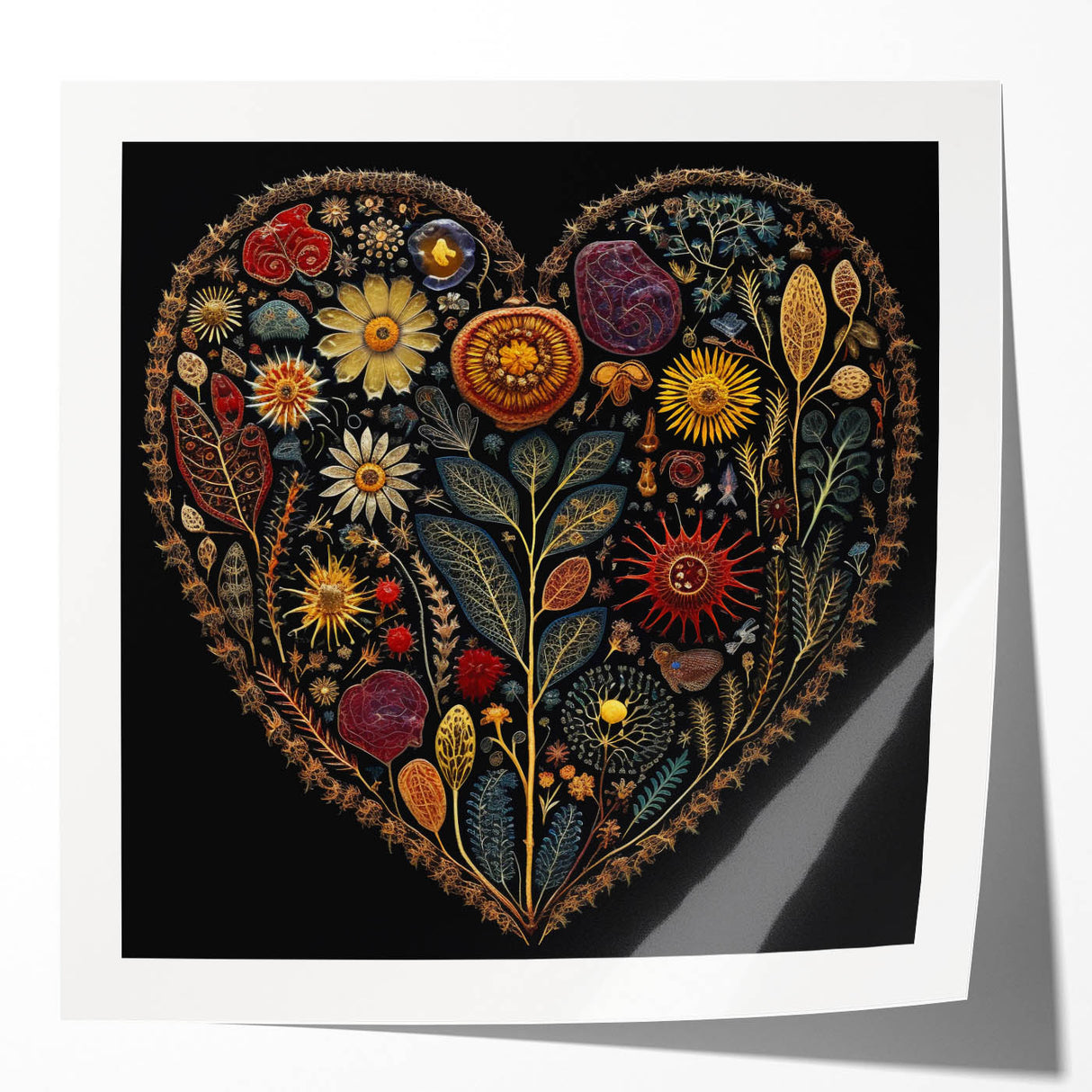 Vibrant wall art featuring a floral and botanical design with lush green leaves and colorful flowers, displayed in a glossy finish, perfect for home decor.