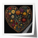 Vibrant wall art featuring a floral and botanical design with lush green leaves and colorful flowers, displayed in a glossy finish, perfect for home decor.
