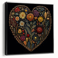 Framed canvas wall art showcasing a vibrant floral and botanical design with black accents, ideal for home decor. Side view highlights the frame's sleek profile.