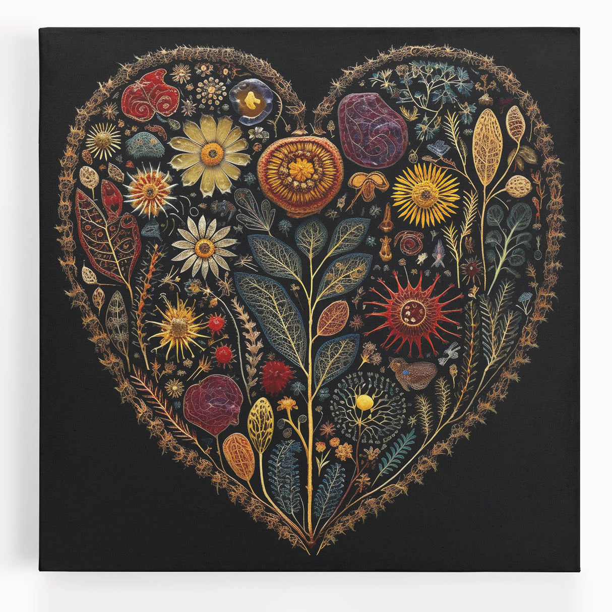 Stretched canvas wall art showcasing a vibrant floral and botanical design with intricate leaves, perfect for adding color and elegance to home decor.