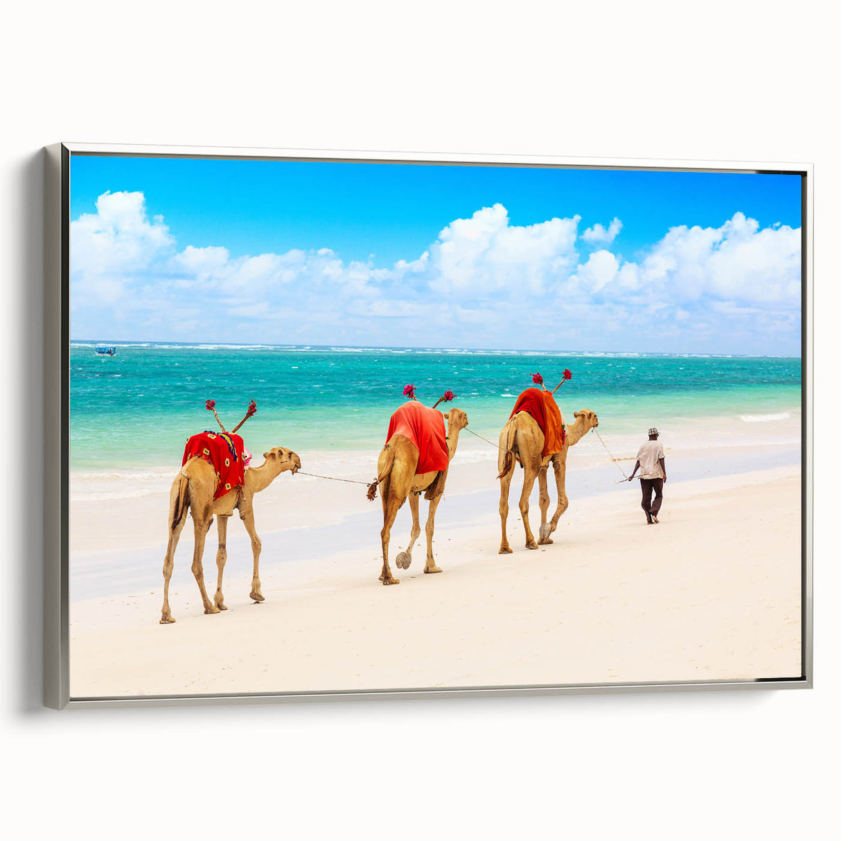 Vintage poster art of a Kenyan landscape on framed canvas, featuring vibrant colors, ideal for living room decor.