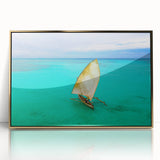 Mid-century modernist art depicting a Madagascar landscape in gold and green tones, acrylic print.