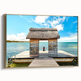 Vintage poster art of Mauritius scenery on framed canvas, featuring vibrant colors, ideal for living room decor.