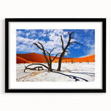 Extra large abstract art print of a colorful African landscape, textured style on black framed canvas.