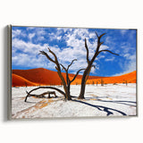 Vintage poster art of a Namibian landscape on a framed canvas, featuring a black and colorful palette.