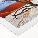 Art deco poster of a Namibian landscape in muted earth tones on rolled canvas, suitable for dining room decor.