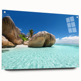 Large abstract wall art of Seychelles scenery on acrylic glass, with vibrant blue and green tones.