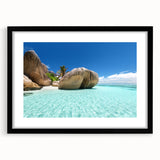 Extra large abstract art print featuring colorful, textured scenery of Seychelles on a black framed canvas.