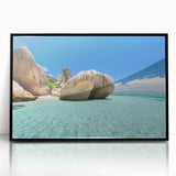 Large abstract wall art depicting an African Seychelles scenery in muted earth tones on a framed acrylic.