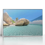 Acrylic print of Seychelles landscape in art deco style, featuring bright blue and green hues, framed in white.